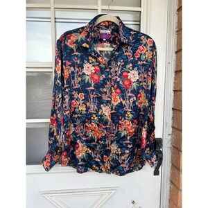Maus & Hoffman Liberty Fabric Silk Shirt XL Navy Floral Bird Made in Italy